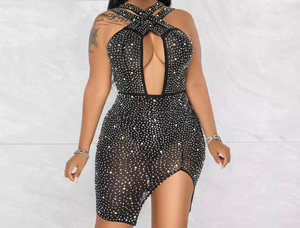 Women Mesh Sexy Halter Bling Dress