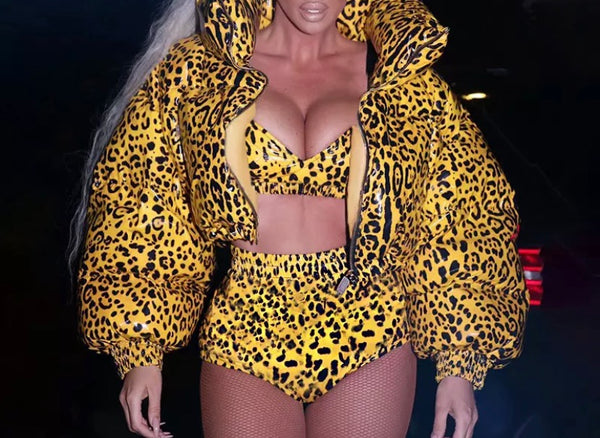 Women Sexy Leopard Three Piece Puff Jacket PU Short Set