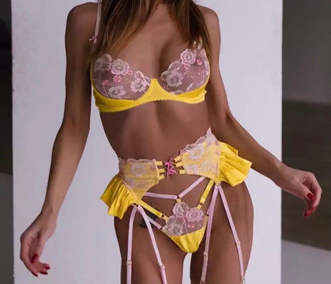 Women Sexy Yellow Floral Lace Three Piece Lingerie Set