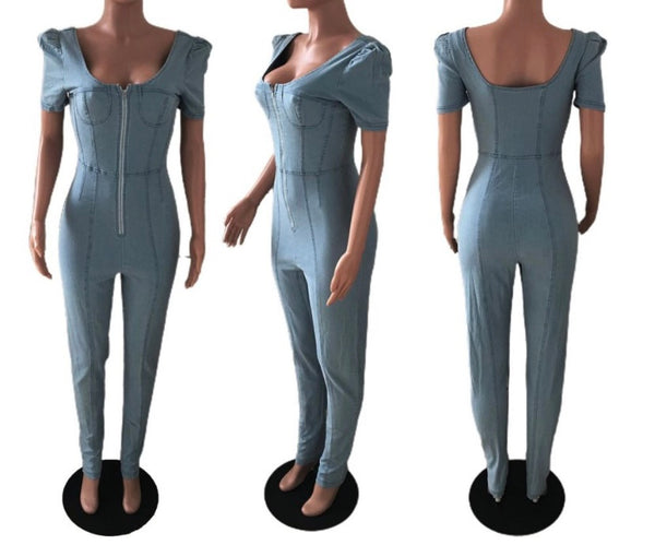 Women Fashion Short Sleeve Front Zipper Denim Jumpsuit