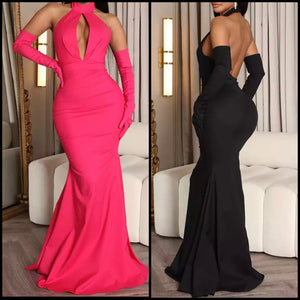 Women Sexy Halter Open Back Glove Maxi Dress