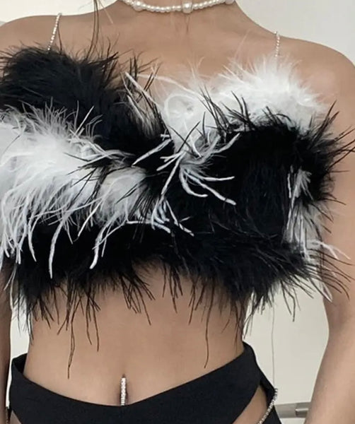 Women Sexy Sleeveless B&W Faux Fur Crop Top