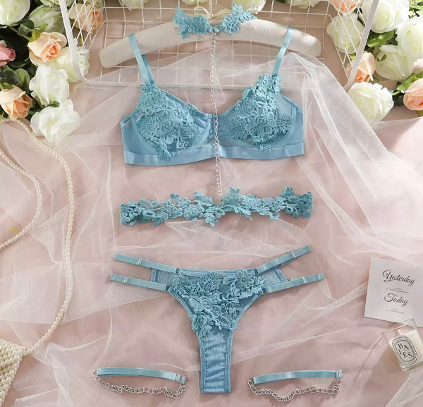 Women Sexy Blue Lace Mesh Chain Lingerie Set