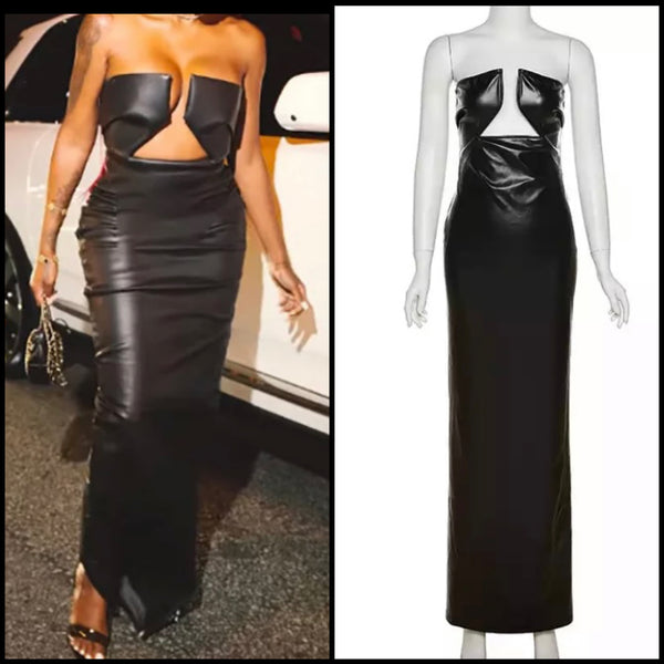 Women Sexy Black PU Strapless Maxi Dress