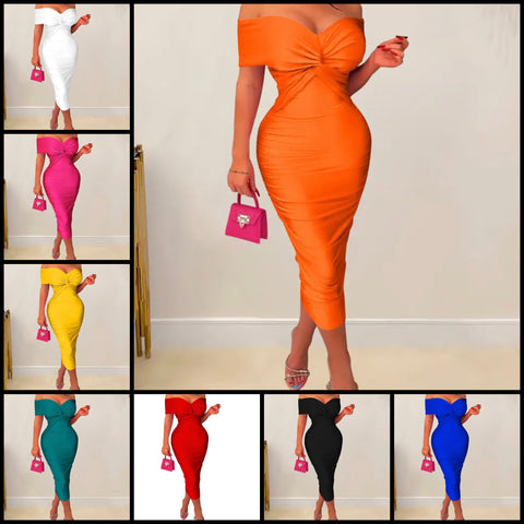 Women Sexy Ruched Off The Shoulder Short Sleeve Long Dress