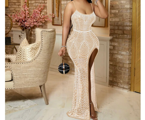 Women Sleeveless Sexy Side High Split Mesh Bling Maxi Dress