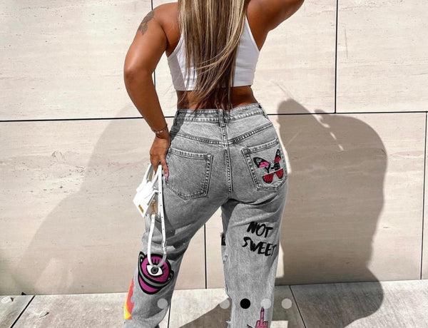 Women Fashion Ripped Print Denim Pants