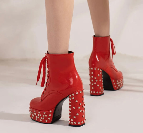 Women PU Rivet Platform Lace Up Ankle Boots