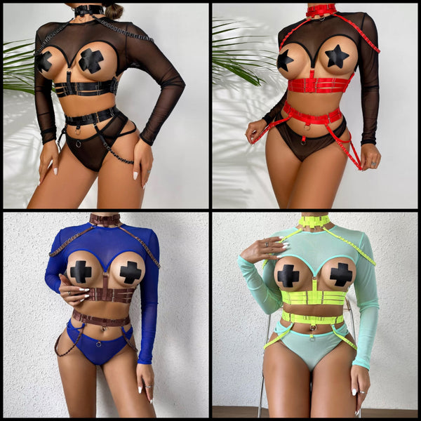 Women Sexy Cut Out Mesh Full Sleeve Lingerie Set