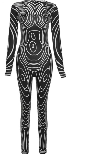 Women Fashion Black And White Printed Full Sleeve Jumpsuit