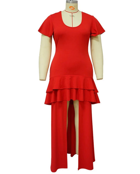 Women Sexy Short Sleeve Front Slit Ruffled Maxi Dress