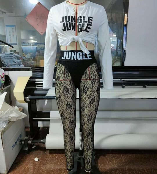 Women Jungle Print Full Sleeve Two Piece Lace Pant Set