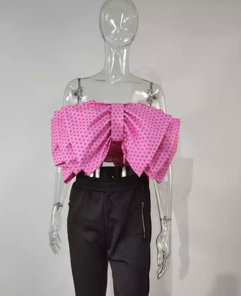 Women Sexy Strapless Pink Bow Top