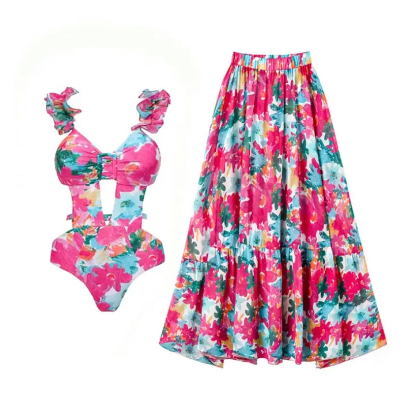 Women Sexy Pink Floral Swimsuit Cover Up Set