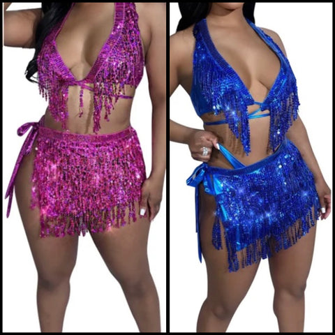 Women Halter Sexy Sparkle Tassel Two Piece Skirt Set