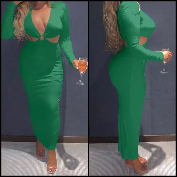 Women Sexy Long Sleeve Solid Color Hollow Out Maxi Dress