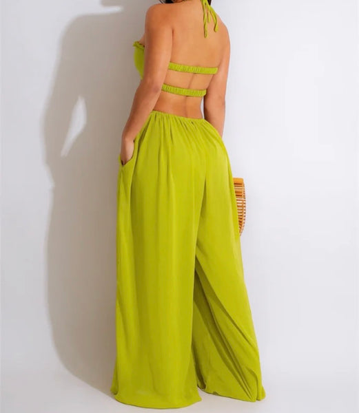 Women Sexy Sleeveless Halter Cut Out Wide Leg Jumpsuit