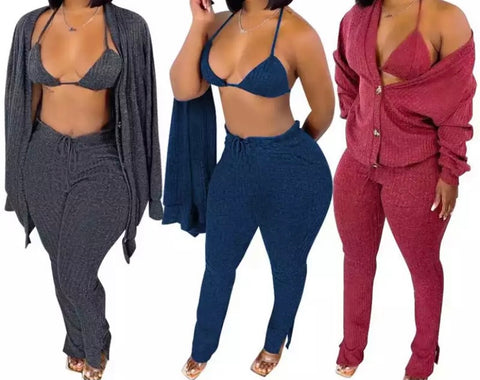 Women Fashion Three Piece Solid Color Pant Set