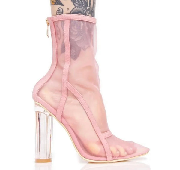 Women Fashion Mesh Transparent Heel Ankle Boots