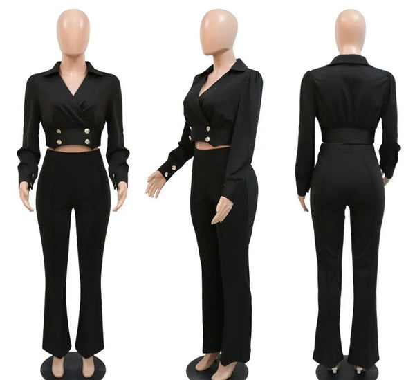 Women Fashion Full Sleeve Crop Blazer Two Piece Pant Set
