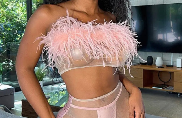 Women Sexy Pink Feather Strapless Crop Two Piece Mesh Skirt Set