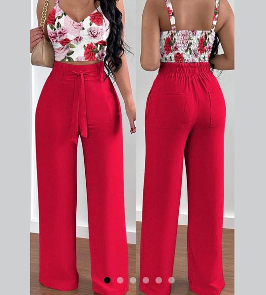 Women Fashion Sleeveless Printed Crop Two Piece Pant Set