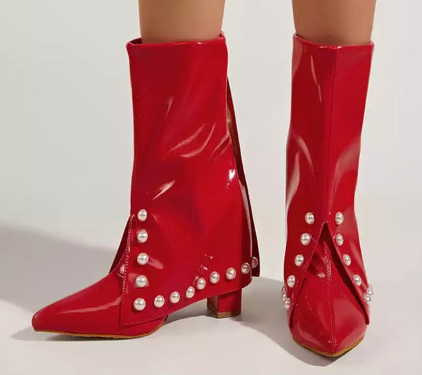 Women Fashion Red Patent Leather Pearl Ankle Boots