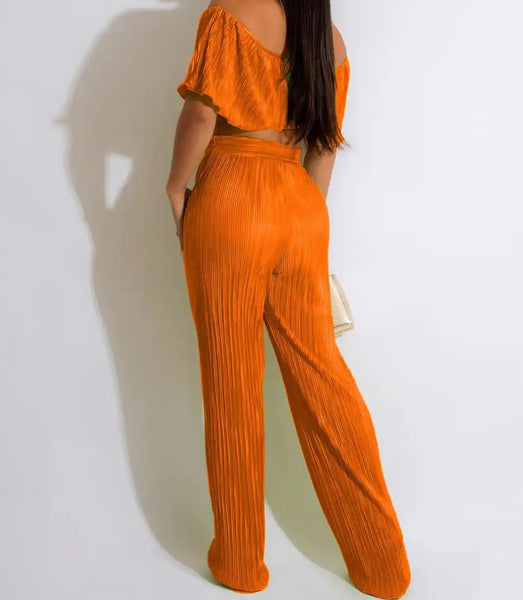 Women Sexy Short Sleeve Off The Shoulder Crop Two Piece Pant Set