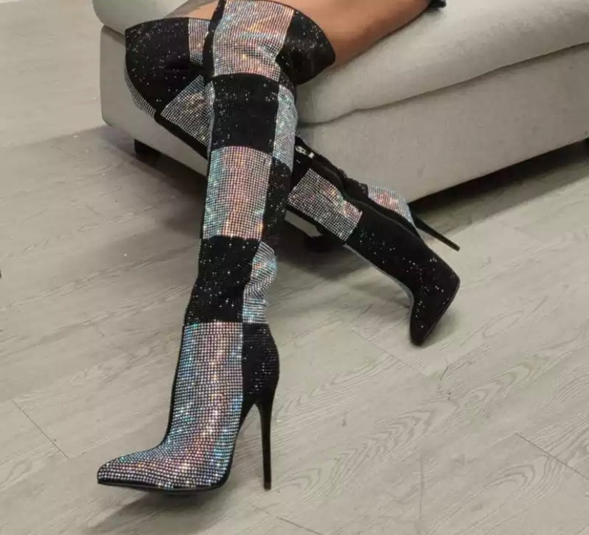 Women Pointed Toe Color Patchwork Bling Over The Knee Boots