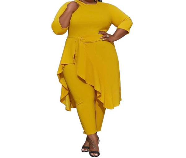 Women Yellow Sexy Asymmetrical Full Sleeve Two Piece Pant Set