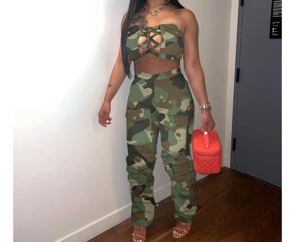 Women Sexy Strapless Crop Two Piece Pocket Pant Set