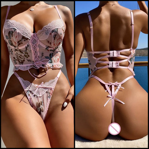 Women Sexy Pink Floral Lace Up Lingerie Set