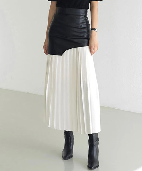 Women Fashion Faux Leather Pleated Maxi Skirt