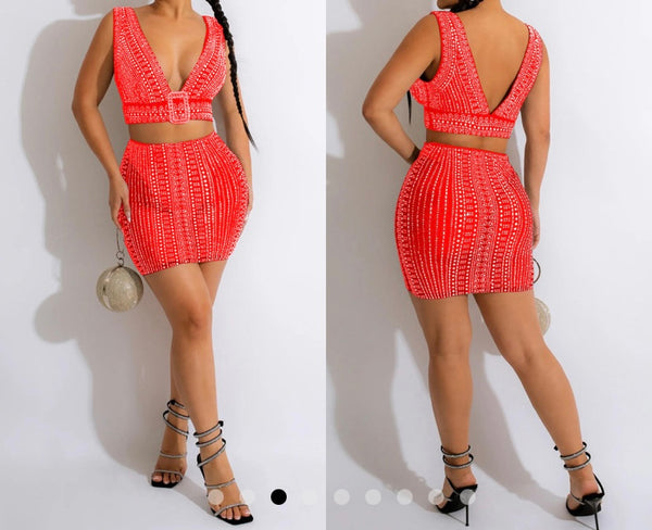 Women Sexy Sleeveless Mesh Bling Crop Two Piece Skirt Set