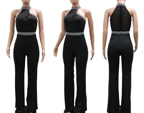 Women Sleeveless Mesh Patchwork Wide Leg Black Jumpsuit