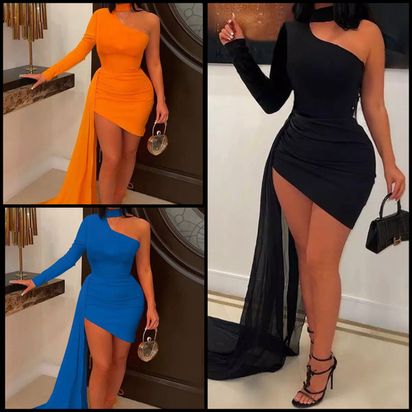 Women Sexy Solid Color One Shoulder Dress
