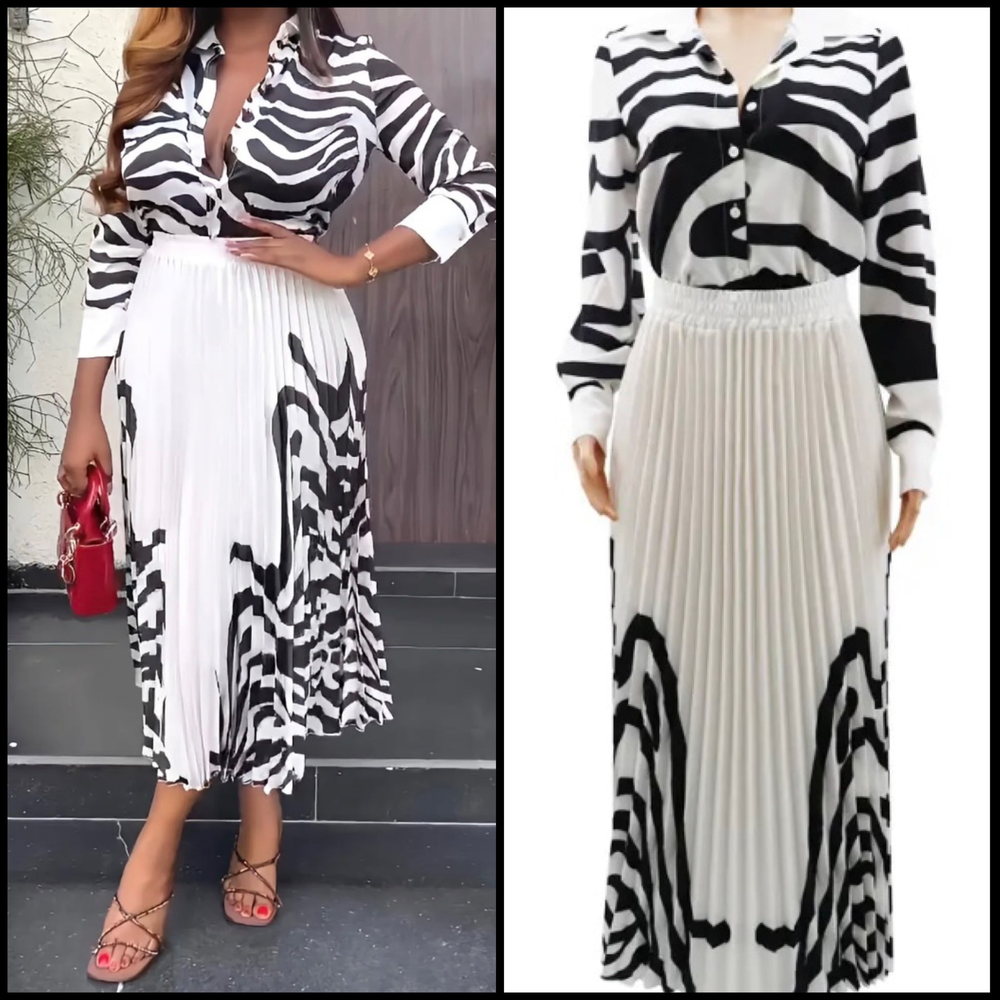 Women B&W Printed Button Up Full Sleeve Two Piece Pleated Maxi Skirt Set