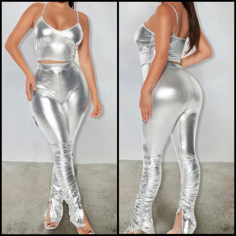 Women Sexy Sleeveless Silver Two Piece Ruched Pant Set