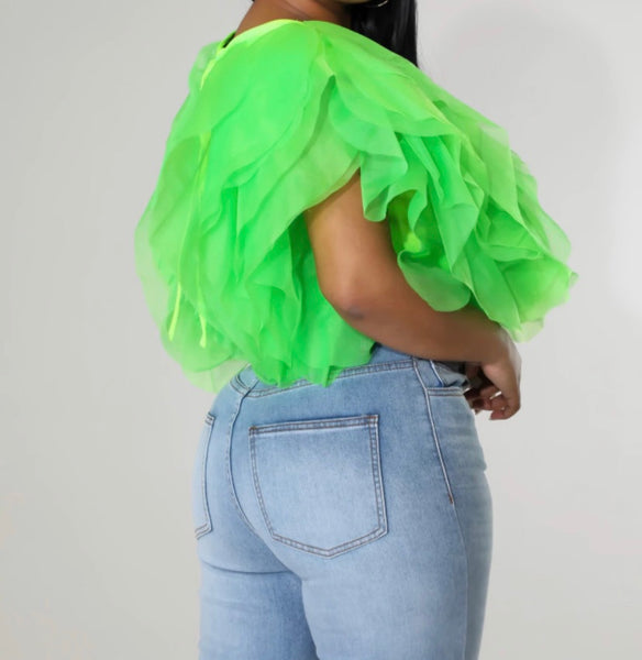 Women Sexy Solid Color Mesh Ruffled Crop Top