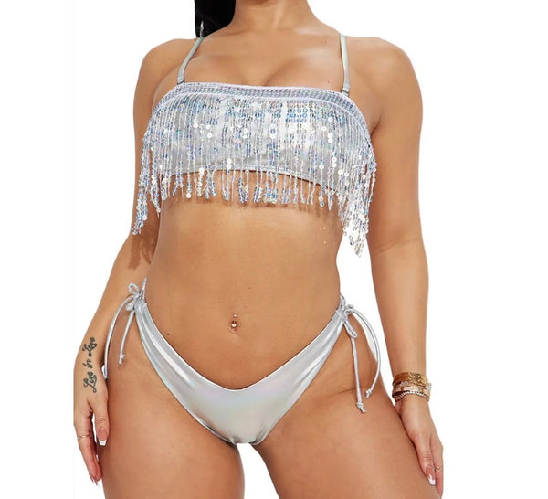 Women Sexy PU Tassel Bikini Swimsuit