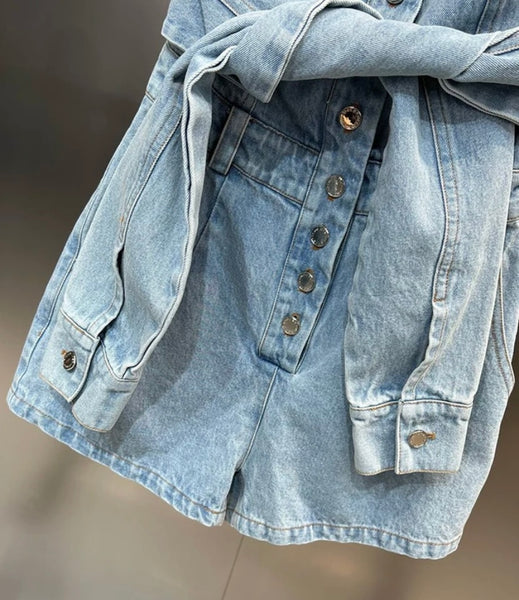 Women Fashion Button Tie Up Denim Romper