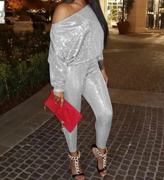 Women Sexy Sequins Silver Full Sleeve Two Piece Pant Set