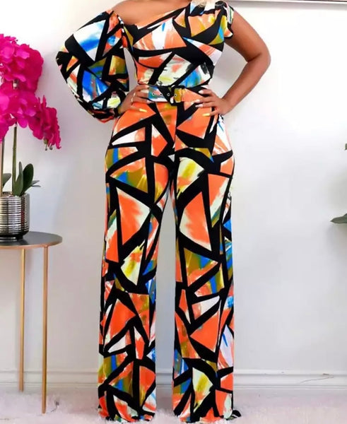 Women Multicolored Print One Shoulder Wide Leg Jumpsuit