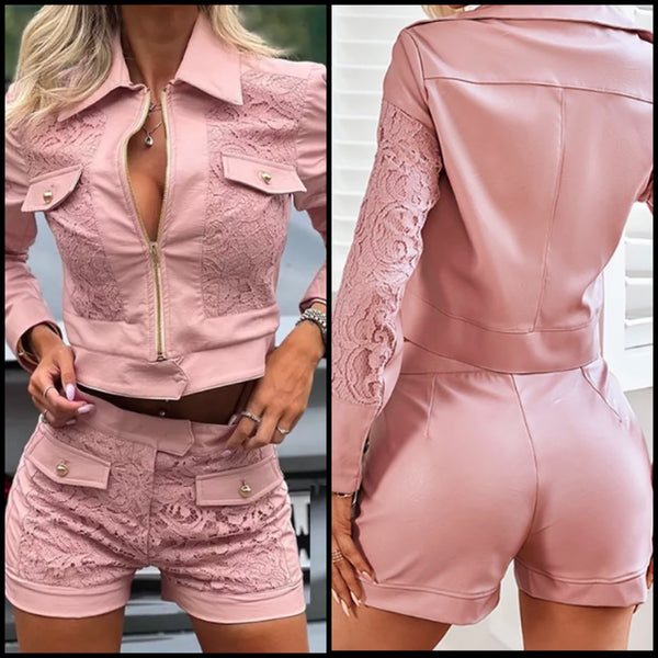 Women Sexy Pink Lace Faux Leather Two Piece Short Set