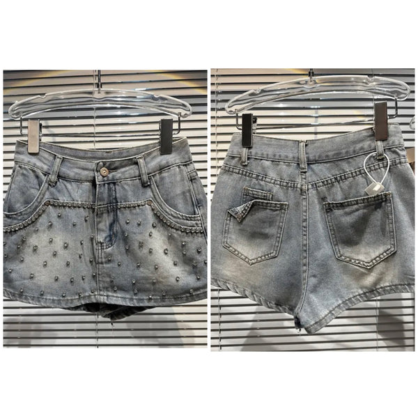 Women Rhinestone Fashion Denim Wrap Shorts