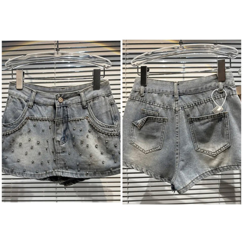 Women Rhinestone Fashion Denim Wrap Shorts