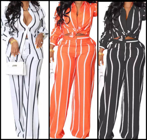 Women Fashion Full Sleeve Striped Button Up Two Piece Pant Set