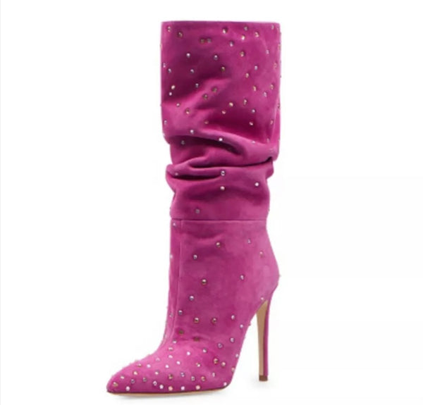 Women Rhinestone Pointed Toe High Heel Boots