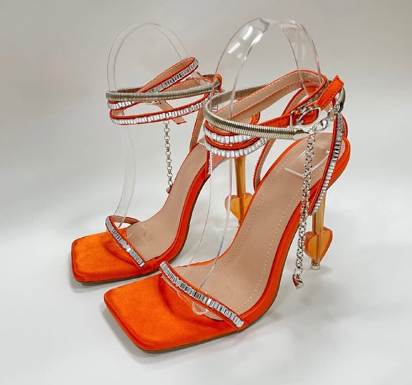 Women Square Toe Chain Fashion Heart High Heel Sandals