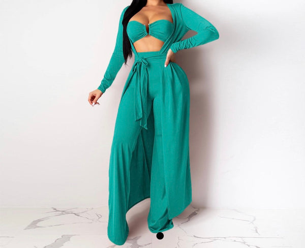 Women Solid Color Three Piece Fashion Pant Set